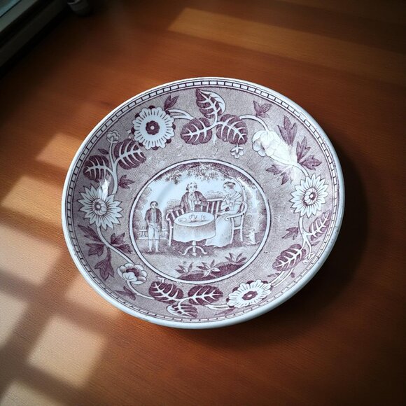 Vintage Société Céramique Maastricht “Tea Drinker” Red Transferware Saucer - Picture 1 of 5